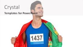  Presentation with wrapped flag - Theme having male athlete posing with portugal flag wrapped around his body on white background background and a white colored foreground