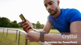  Presentation with smartwatch - PPT theme consisting of male athlete using fitness app on smartphone and smartwatch background and a violet colored foreground