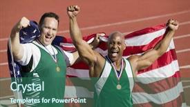  Presentation with track field - Beautiful slide deck featuring male athlete with medal backdrop and a ocean colored foreground