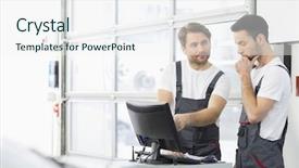  Presentation with mechanics - Amazing PPT theme having male automobile mechanics conversing in repair shop backdrop and a sky blue colored foreground