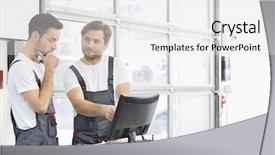  Presentation with mechanics - Cool new PPT theme with male automobile mechanics conversing in repair shop backdrop and a white colored foreground