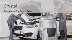  Presentation with repair shop - Slides enhanced with male automobile mechanics examining car in repair shop background and a light gray colored foreground