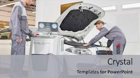  Presentation with repair shop - Presentation design consisting of male automobile mechanics examining car background and a light gray colored foreground