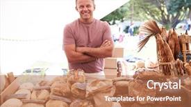  Presentation with market food - Presentation theme consisting of male bakery stall holder background and a coral colored foreground