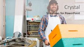  Presentation with honeycomb - Slide deck with male beekeeper looking away while holding trolley of stacked honeycomb crates in beekeeping factory background and a soft green colored foreground