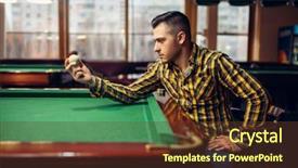  Presentation with billiard - PPT theme having male billiard player holds white background and a tawny brown colored foreground