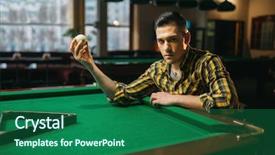  Presentation with billiard - Slide set having male billiard player holds white background and a ocean colored foreground