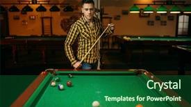  Presentation with billiard - Amazing PPT layouts having male billiard player with cue backdrop and a forest green colored foreground