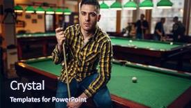 Presentation with billiard - Cool new PPT theme with male billiard player with cue backdrop and a wine colored foreground
