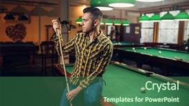  Presentation with billiard - Presentation theme featuring male billiard player with cue background and a ocean colored foreground