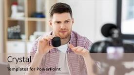  Presentation with review - Colorful presentation theme enhanced with male blogger with camera recording backdrop and a coral colored foreground