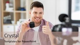  Presentation with home office - PPT layouts having male blogger with camera recording background and a coral colored foreground