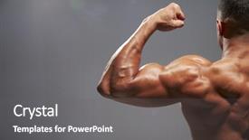  Presentation with flexing - Amazing PPT theme having male bodybuilder flexing bicep back view with copy space backdrop and a gray colored foreground