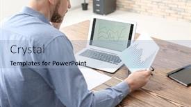  Presentation with trading - Slide set with male broker working in office finance trading concept background and a light blue colored foreground