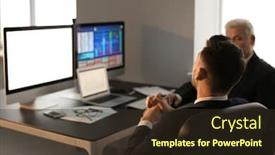  Presentation with trading - Slide deck featuring male brokers working in office finance trading concept background and a tawny brown colored foreground