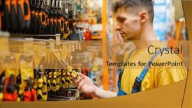  Presentation with hardware - Cool new presentation design with male builder choosing pliers in hardware store backdrop and a gold colored foreground