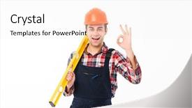  Presentation with full length portrait two men women brown sweater - Cool new presentation theme with male builder holding spirit level backdrop and a sky blue colored foreground