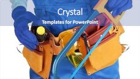  Presentation with builder - Amazing theme having male builder in blue overalls with saw isolated on white backdrop and a teal colored foreground