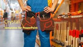  Presentation with builder - Audience pleasing presentation theme consisting of male builder trying on tool belt in hardware store backdrop and a tawny brown colored foreground