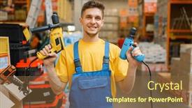 Presentation with power tools - Beautiful presentation theme featuring male builder with power tools in hardware store backdrop and a tawny brown colored foreground