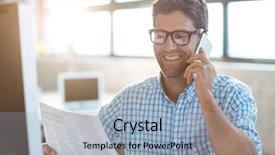  Presentation with office newspaper - Presentation theme featuring male business executive talking on mobile phone while reading newspaper in office background and a light blue colored foreground