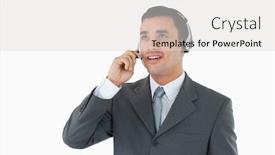  Presentation with upwards - Beautiful slide deck featuring male call center agent looking upwards against a white background backdrop and a light gray colored foreground