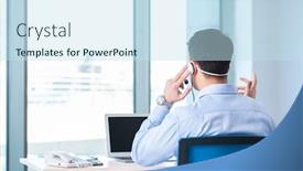  Presentation with call center - PPT layouts enhanced with microphones computer notebook - male call-center operator in business background and a sky blue colored foreground