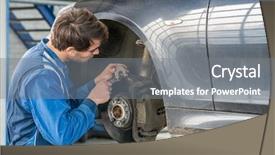  Presentation with car brake - Slide deck enhanced with male car mechanic examining brake background and a gray colored foreground