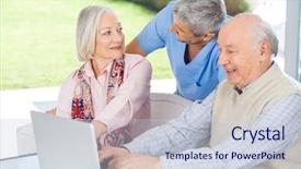  Presentation with nursing - Audience pleasing presentation theme consisting of male caretaker looking at senior woman by man using laptop at nursing home backdrop and a lemonade colored foreground