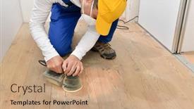  Presentation with orbital - Beautiful presentation design featuring male-carpenter-grinding-raw-wood backdrop and a coral colored foreground