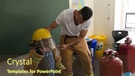  Presentation with firefighter - PPT theme enhanced with male-caucasian-firefighter-help background and a tawny brown colored foreground