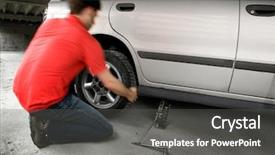  Presentation with change a flat car tire - Beautiful slides featuring male changing a tire quickly backdrop and a  colored foreground