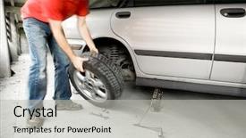  Presentation with car flat tire - Theme enhanced with male changing a tire background and a  colored foreground