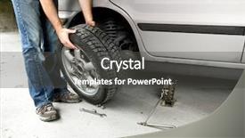  Presentation with car flat tire - Amazing PPT layouts having male changing a tire backdrop and a dark gray colored foreground