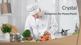  Presentation with chef - Amazing PPT theme having male chef adding garnish to cooked chicken in kitchen backdrop and a light gray colored foreground