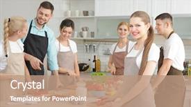  Presentation with cooking chef - Cool new PPT theme with male chef and group of people at cooking classes backdrop and a coral colored foreground