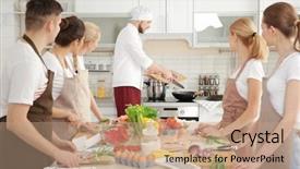  Presentation with cooking chef - Colorful presentation theme enhanced with male chef and group of people at cooking classes backdrop and a coral colored foreground