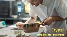  Presentation with chef - Colorful slide set enhanced with male-chef-bending-by-kitchen backdrop and a tawny brown colored foreground