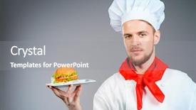  Presentation with cook chef - Colorful slides enhanced with male chef cook with delicious burger on a plate fast food backdrop and a gray colored foreground