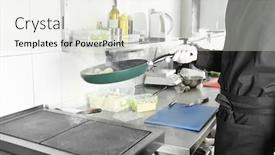  Presentation with restaurant kitchen - Audience pleasing presentation design consisting of male chef cooking in restaurant kitchen backdrop and a sky blue colored foreground