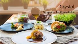  Presentation with chef - Cool new slide deck with male chef hand closeup pouring meat roll with sauce tasty and nutrition dish backdrop and a coral colored foreground