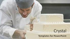  Presentation with chef - Colorful PPT layouts enhanced with male chef icing wedding cake backdrop and a soft green colored foreground