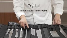  Presentation with knife stand - Slide set enhanced with male chef selecting knife sharpener background and a light gray colored foreground