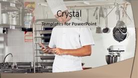  Presentation with chef - Beautiful slide deck featuring young male chef using digital tablet with pasta dishes at kitchen counter backdrop and a light gray colored foreground