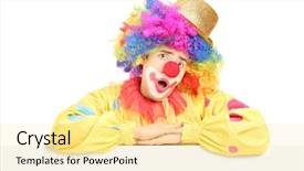  Presentation with circus - Amazing PPT theme having male circus clown making a grimace on a blank panel isolated on white background backdrop and a blonde colored foreground
