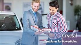  Presentation with salesman - Colorful presentation design enhanced with male client at the car backdrop and a teal colored foreground