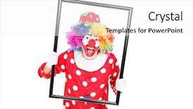  Presentation with picture frame - Cool new presentation design with male clown holding a picture frame isolated on white background backdrop and a white colored foreground