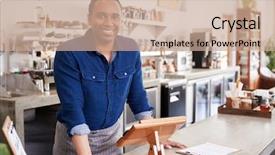  Presentation with college coffee shop - Slides enhanced with male coffee shop owner leaning background and a coral colored foreground