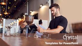  Presentation with sales - PPT theme featuring male-coffee-shop-owner-working background and a tawny brown colored foreground