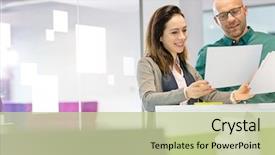  Presentation with office - Slide set featuring male colleague discussing over document background and a mint green colored foreground